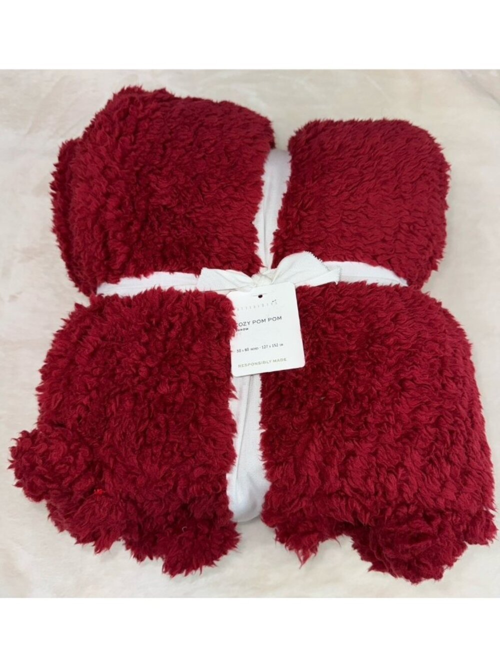 NEW POTTERY BARN Cozy Pom Pom Knit Sherpa Faux Fur Throw Blanket 50x60 Red